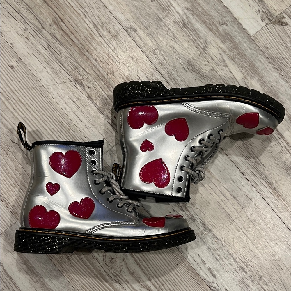 Dr. Martens Silver Boots with Red Hearts
